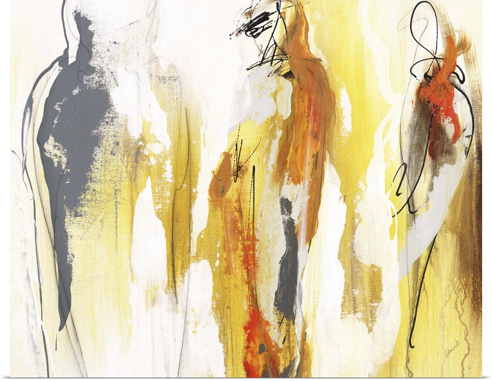 Figurative abstract painting in warm yellow, orange, gray, and brown hues.