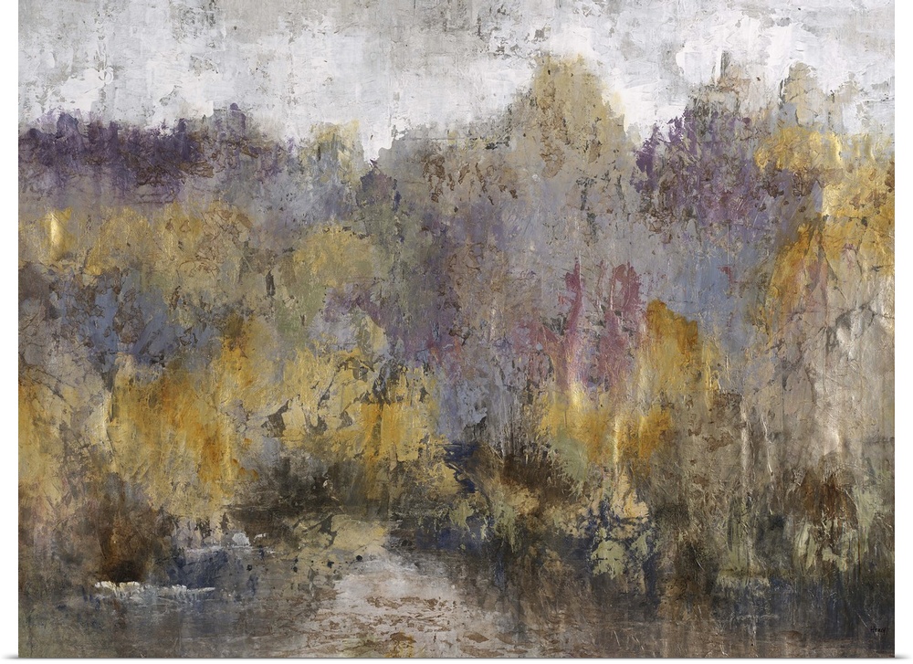 Contemporary abstract painting using earth tones to create an abstracted forest landscape.