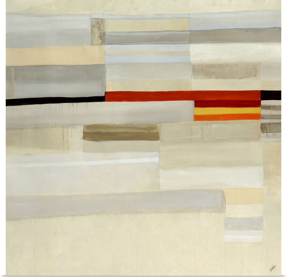 Abstract contemporary art painting of block of neutral horizontal lines with a row of small colored block running through ...