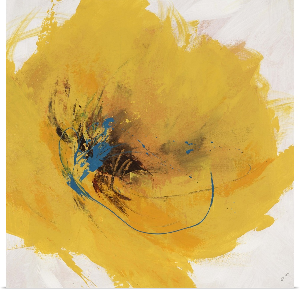 Abstract painting of a large golden flower with a dark center, painted with thick sweeping brushstrokes and spatters, on a...