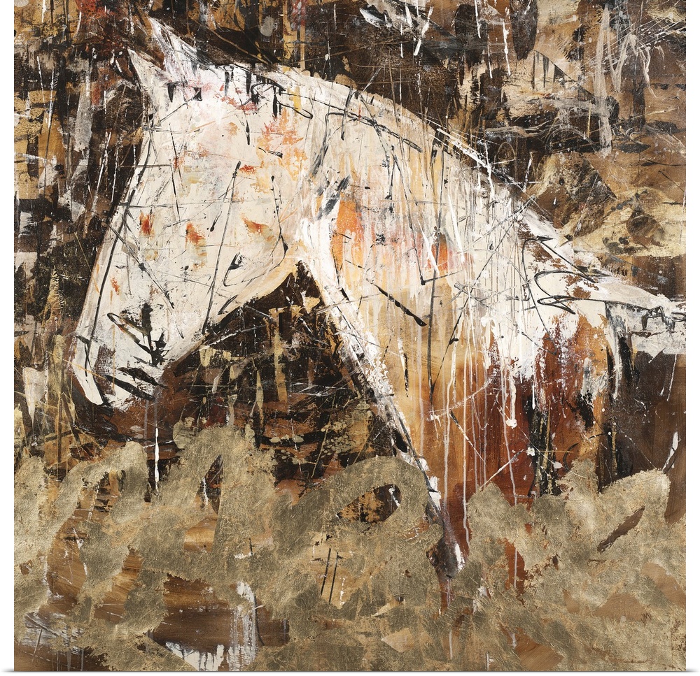 Square abstract painting of a horse silhouette in shades of brown, gold, orange, and white.