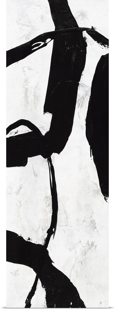 Black and white abstract panel panting with bold brushstrokes creating movement up and down the canvas.