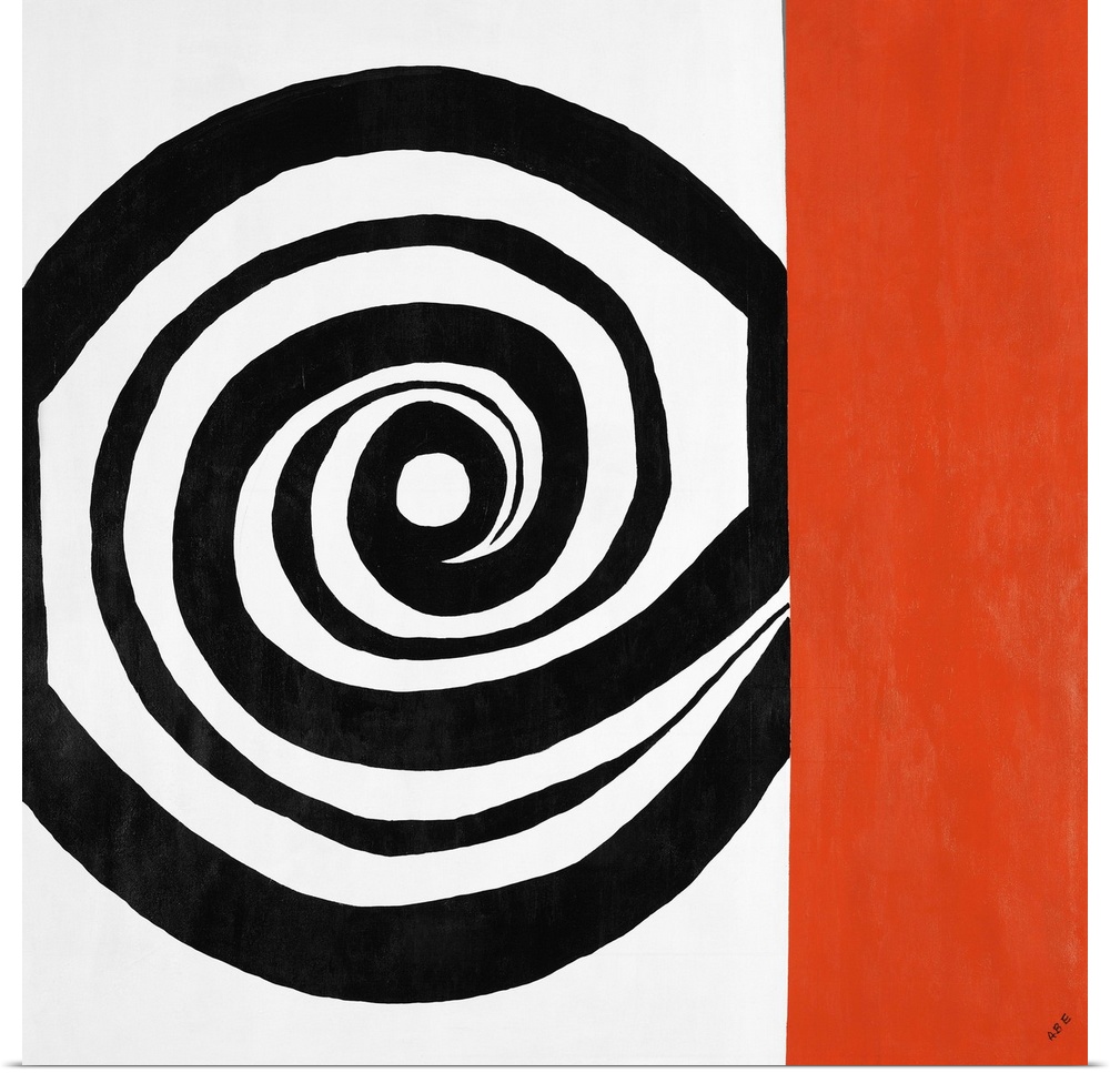 Contemporary abstract painting of a black spiral shape next to a vertical red rectangle.