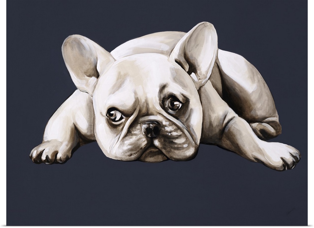 A contemporary artwork of a french bulldog laying down with a look of longing on his face.