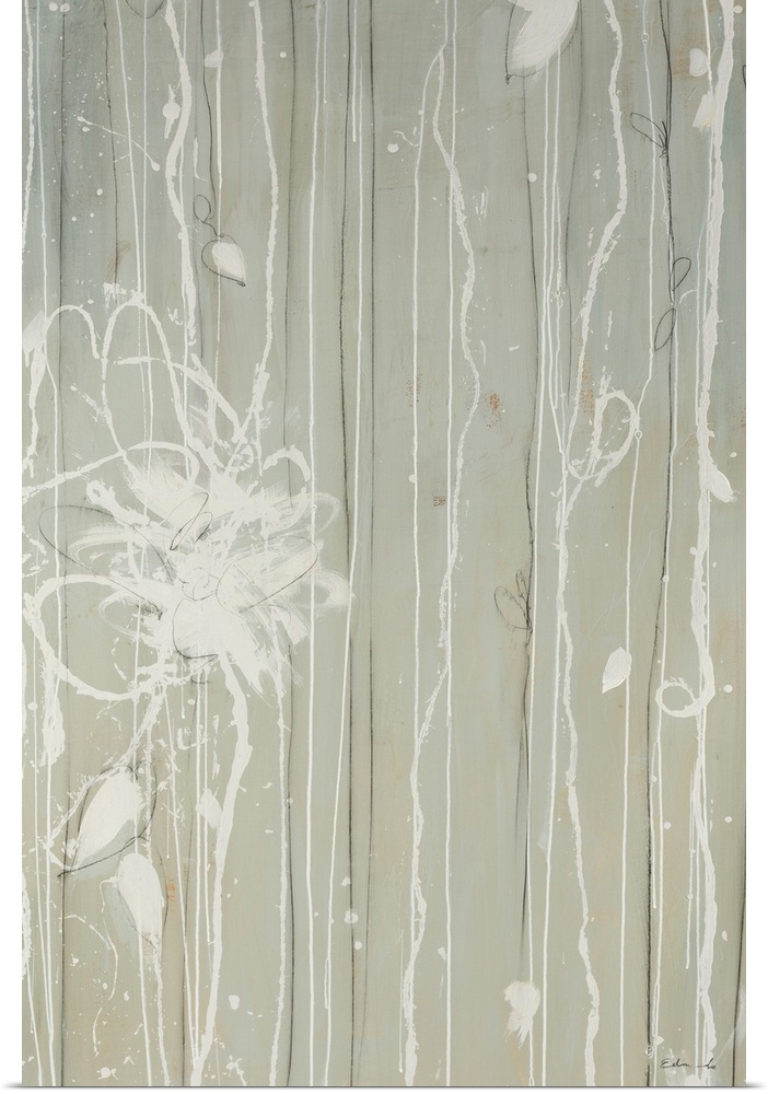 Abstract artwork with a grey background that has white lines of paint dripping down with a floral design on the left side.