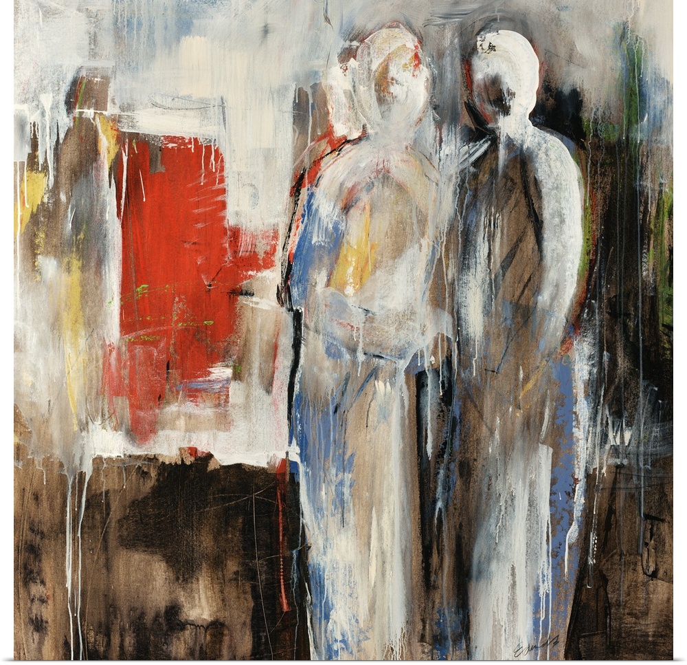An abstract painting of two figures in neutral colors with pops of red.