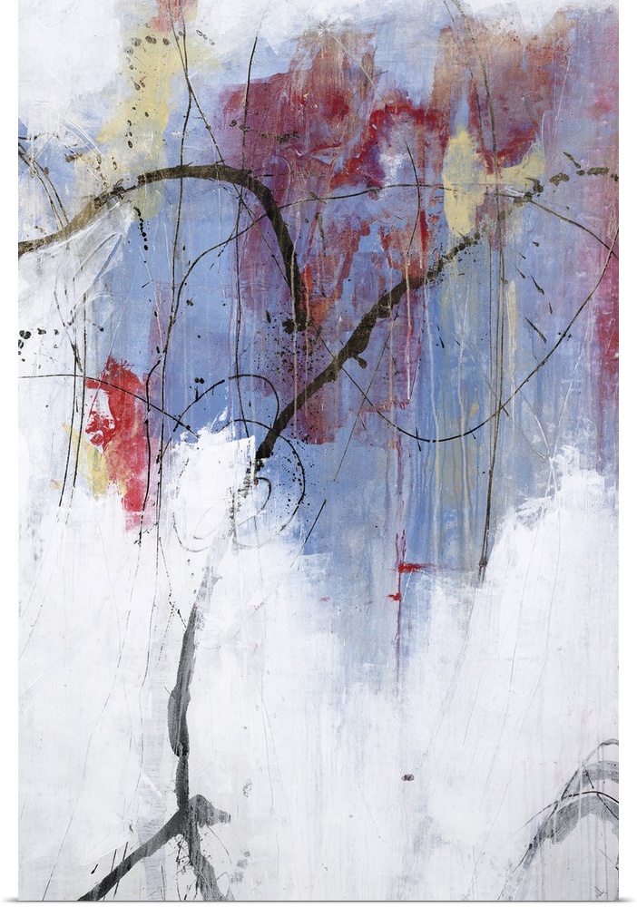 Vertical abstract painting in pastel colors in blue and red with winding black lines throughout.