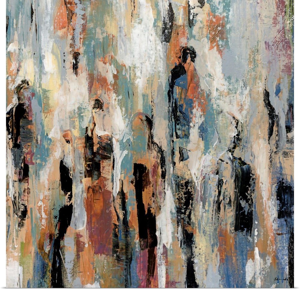 Contemporary abstract painting done in cool, earthy tones and a mix of dark and light brushstrokes.