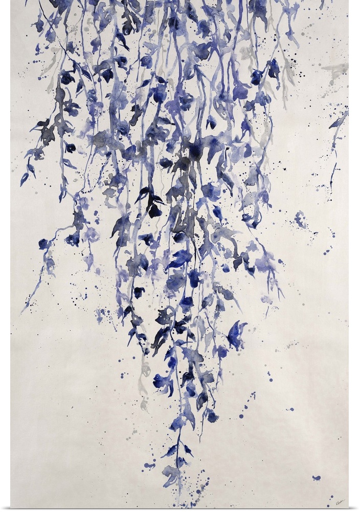 Contemporary painting of long hanging vines of leaves and flowers with spattered paint surrounding them, on a light, neutr...