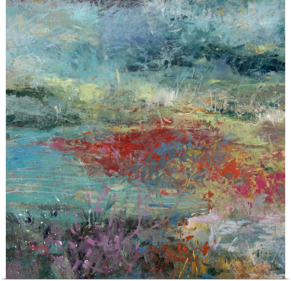Abstract painting of a vibrant field of brightly colored flowers and greenery.