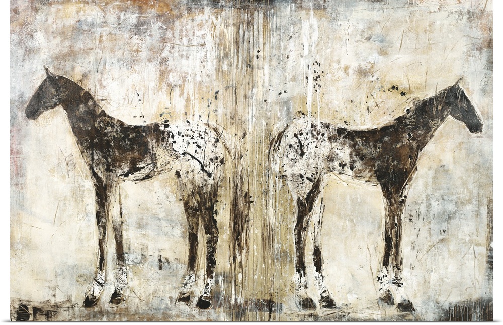 Large abstract painting with two horses standing rear to read with long, thin, vertical lines separating them on a rugged ...