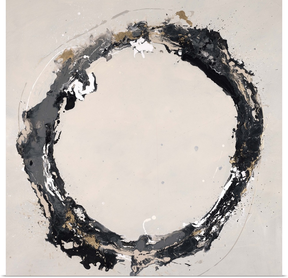 Abstract painting using textured looking gray tones to form a circle on a neutral colored background.