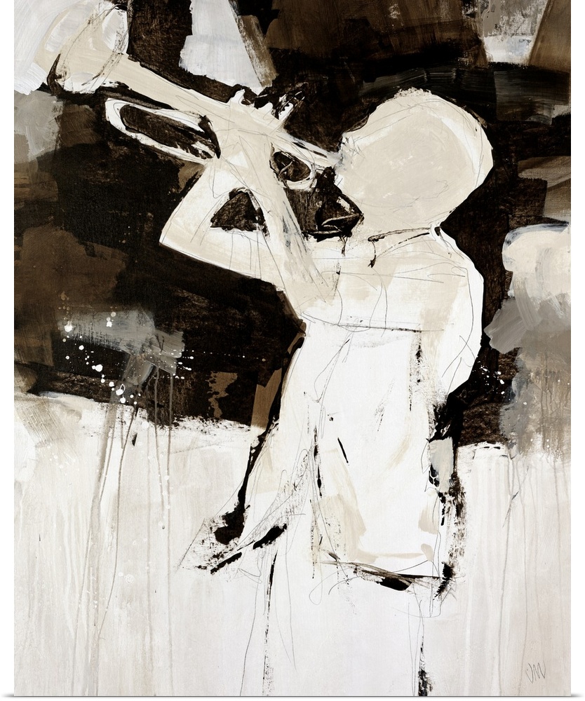 Contemporary artwork of a trumpet player who is outlined by the dark background.