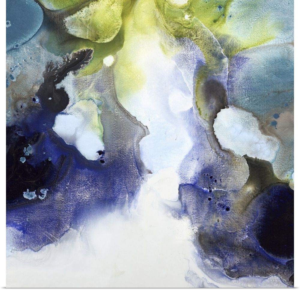 Abstract contemporary painting in purple, blue and green tones, in a liquid spotted appearance.