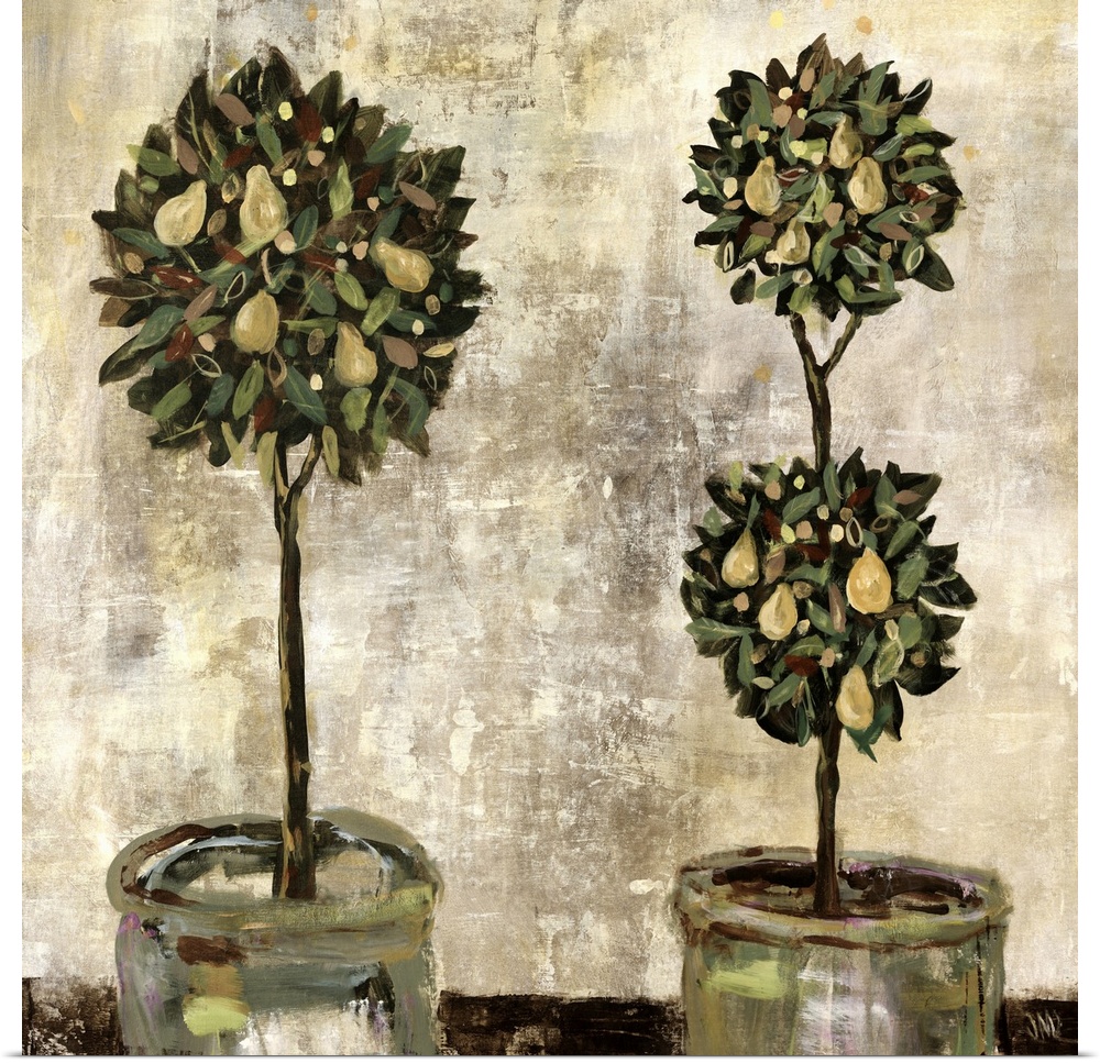Two large planters are painted in front of a rustic background each with pear trees growing out of them.