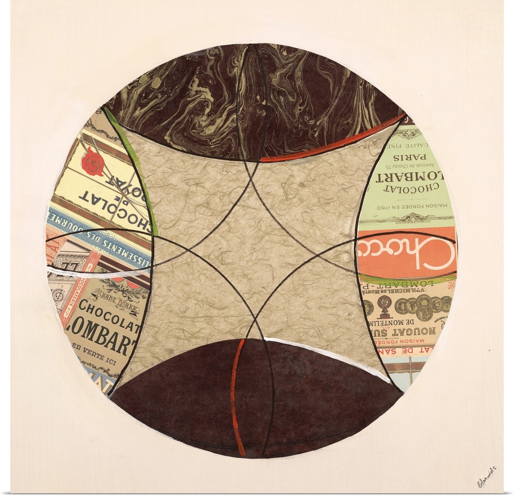 Contemporary painting of a circle with different articles of print in the sections of the shape.