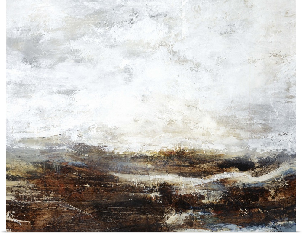 Contemporary painting of a landscape under a heavy fog shrouding the mountains in the distance.