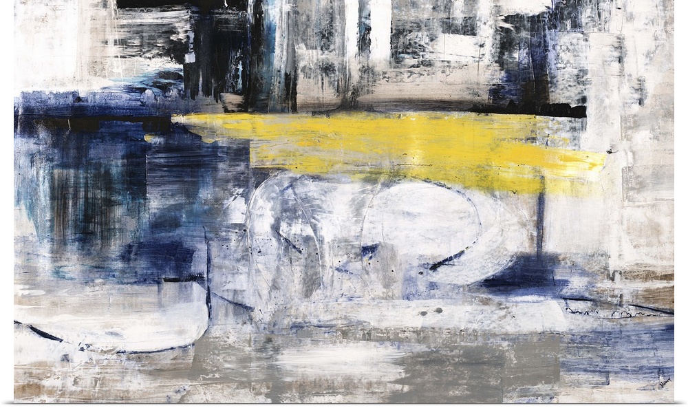 Contemporary abstract artwork in dark shades of blue and black with a yellow streak in the center.