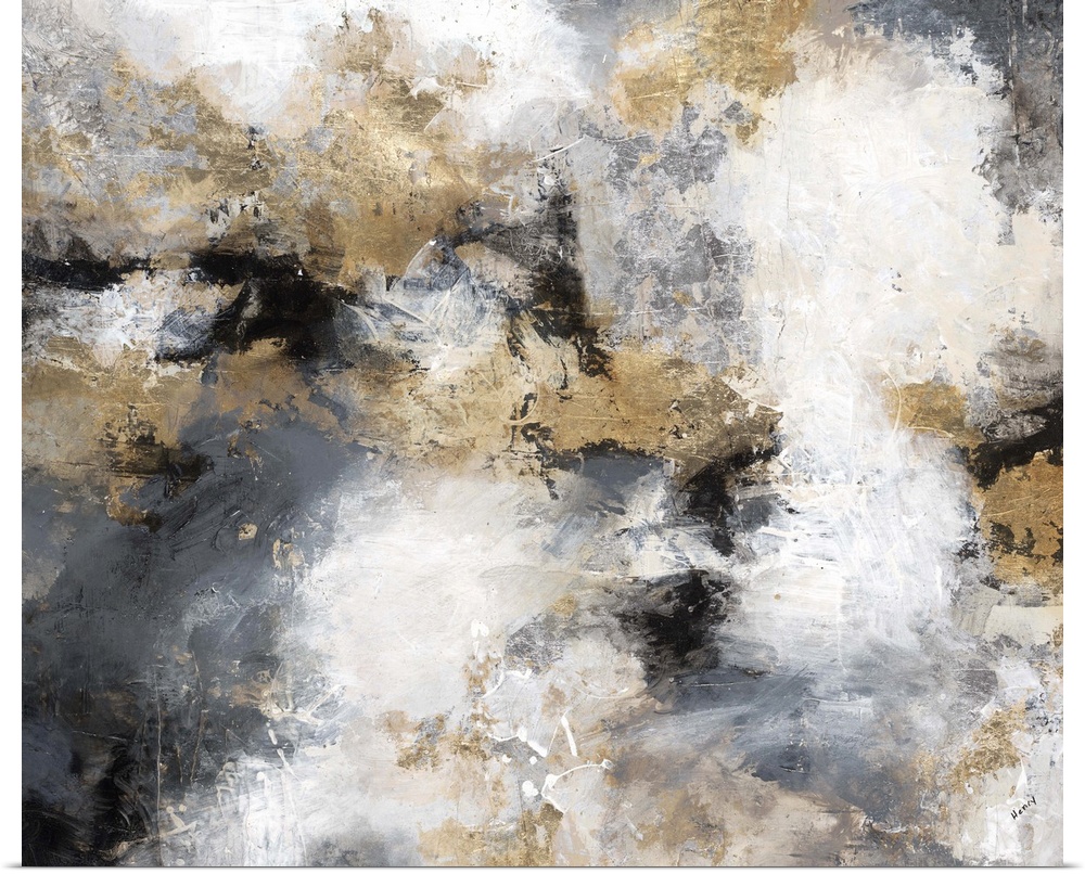 Contemporary abstract artwork in shades of gold, grey, and white, resembling a stormy sky.