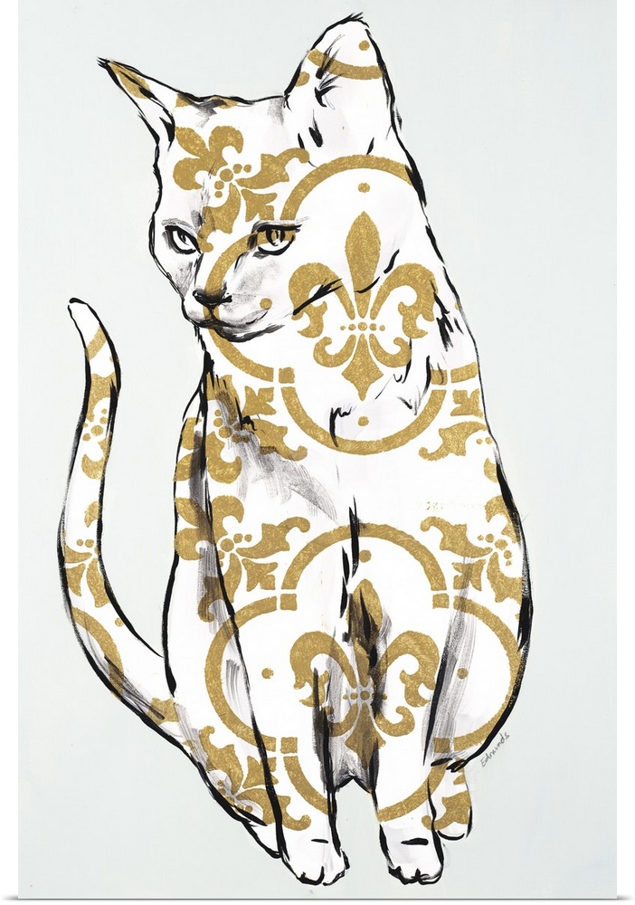 Painting of a white cat with shiny gold designs using the fleur de lis.