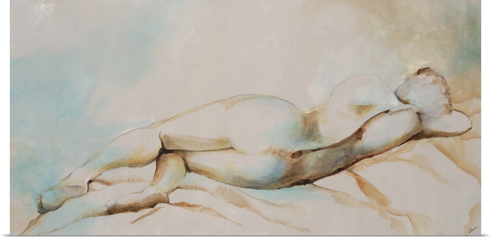 Contemporary figurative painting of a nude female laying down, with back facing viewer.
