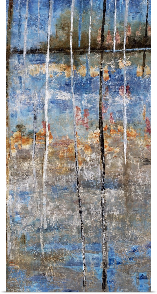 Tall abstract painting with blue, gray, and orange hues resembling a lake and trees on the shore with white and black vert...
