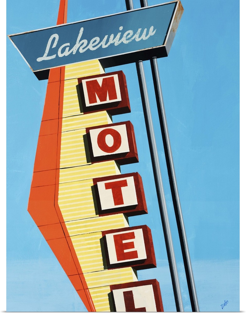 Painting of a vintage motel sign with a diamond shaped decorative element, against a bright blue cloudless sky.