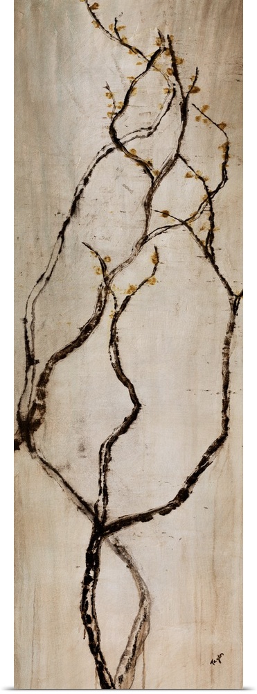 Vertical Panoramic painting of long, thin, and curved tree branches flowing upward.  There are tiny flower buds on the end...