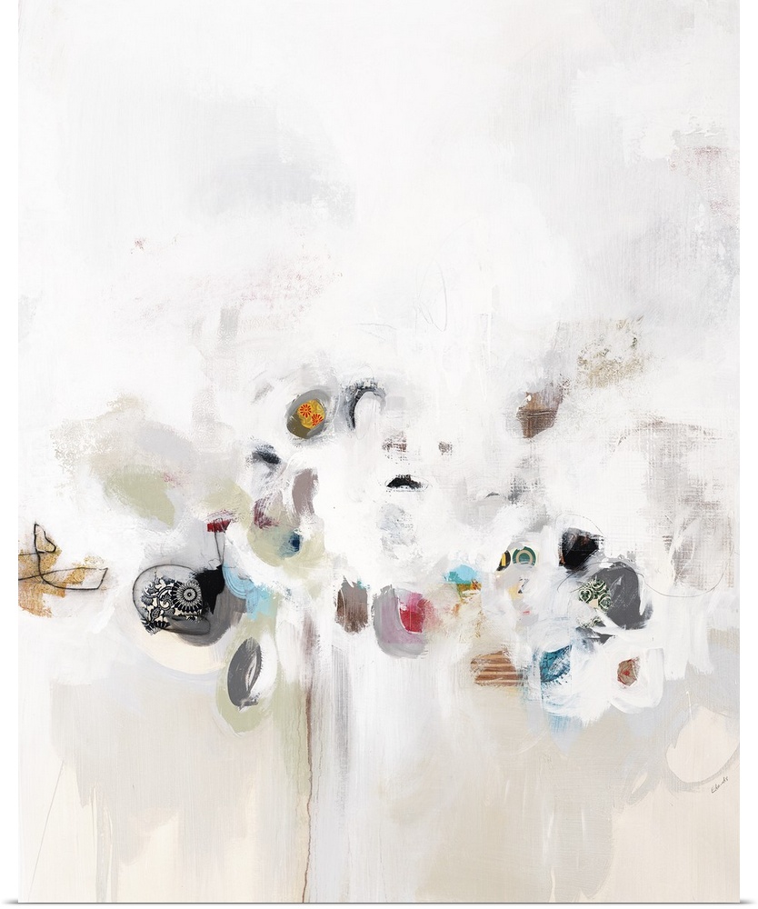 Contemporary artwork with small spots of color hiding in white.