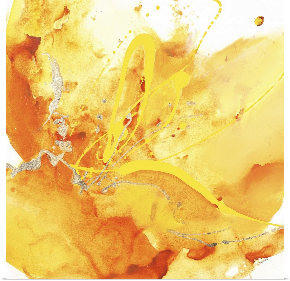 Contemporary abstract painting using a splash of vibrant yellow against a white background.