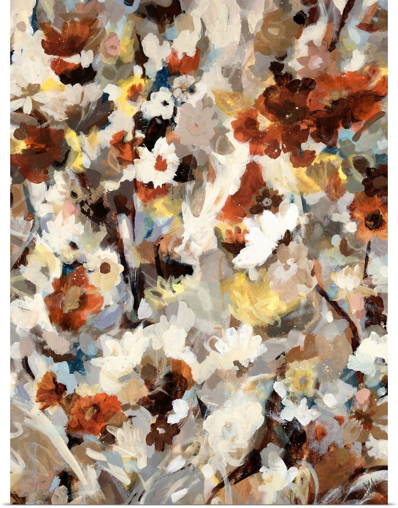 Vertical, contemporary painting on large canvas of many small flowers in warm and neutral tones, swirling amongst leaf lik...