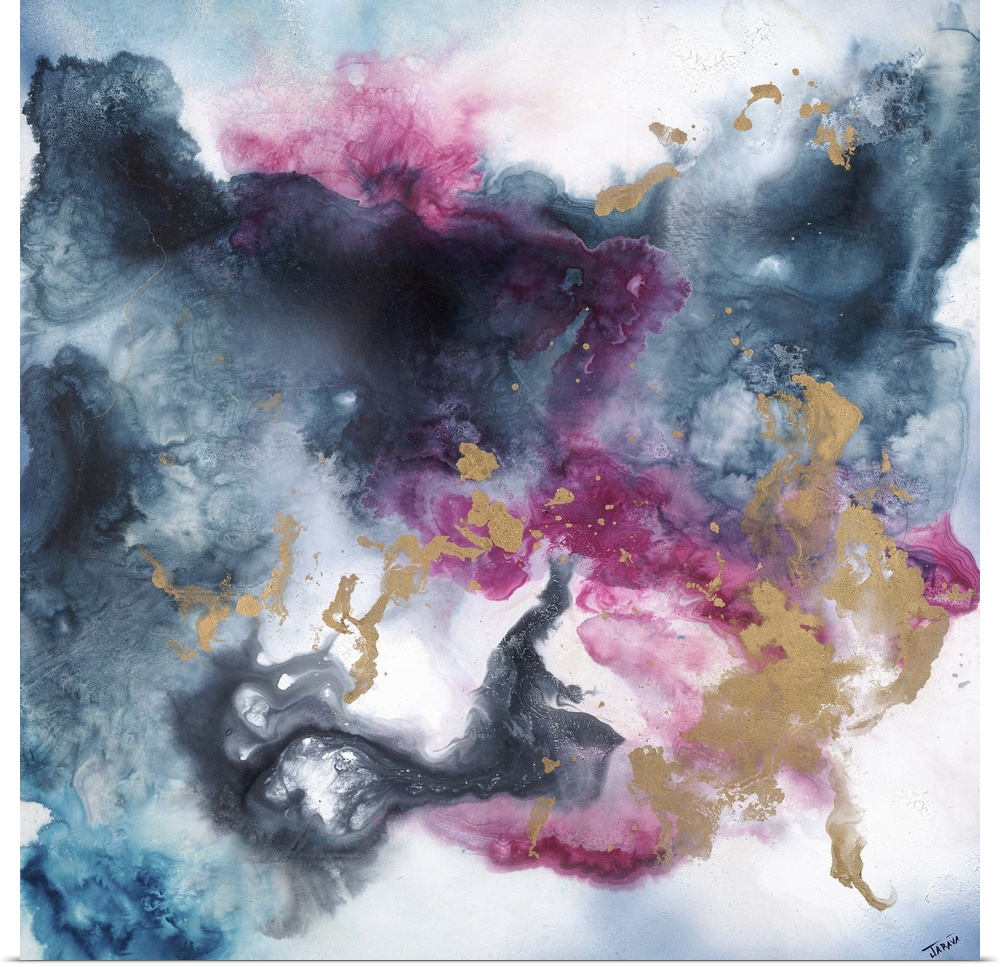Contemporary abstract painting of ethereal looking black and purple washes of color resembling smoke.
