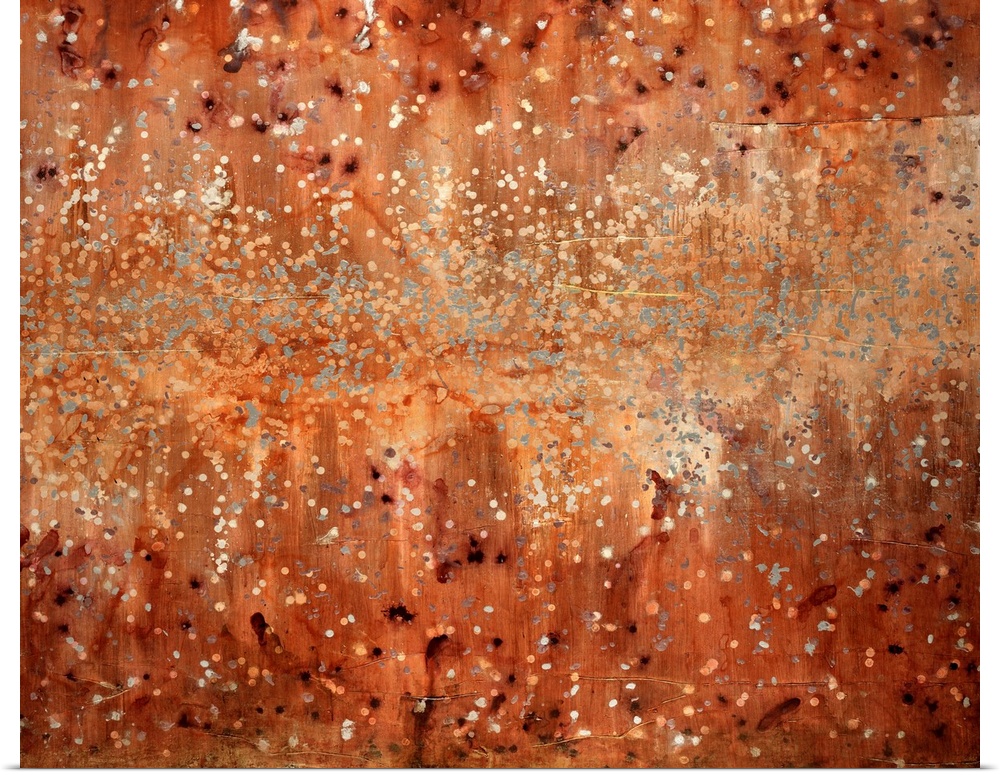 Abstract painting consisting of dots and tiny circles scattered over a neutral background.
