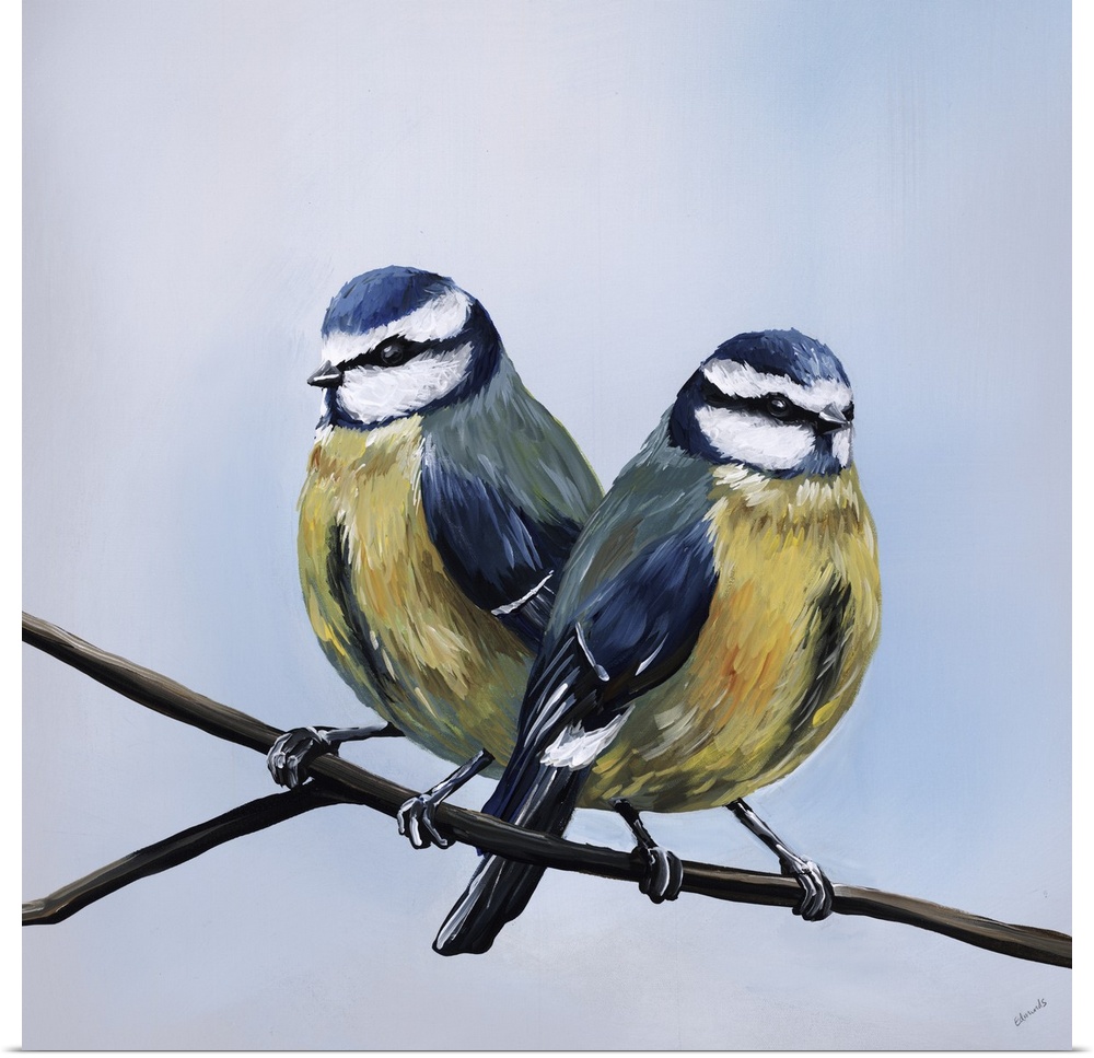 Contemporary painting of two birds perched on a branch.