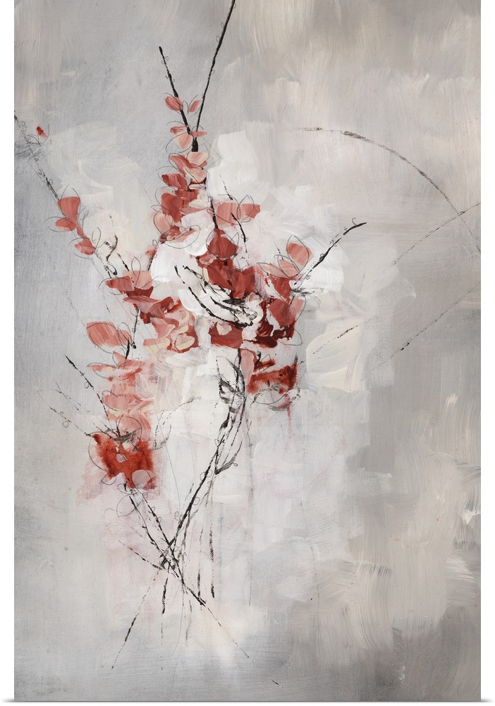 Contemporary art of several thin, vertical branches covered in blossoms, on a neutral background that transitions from lig...