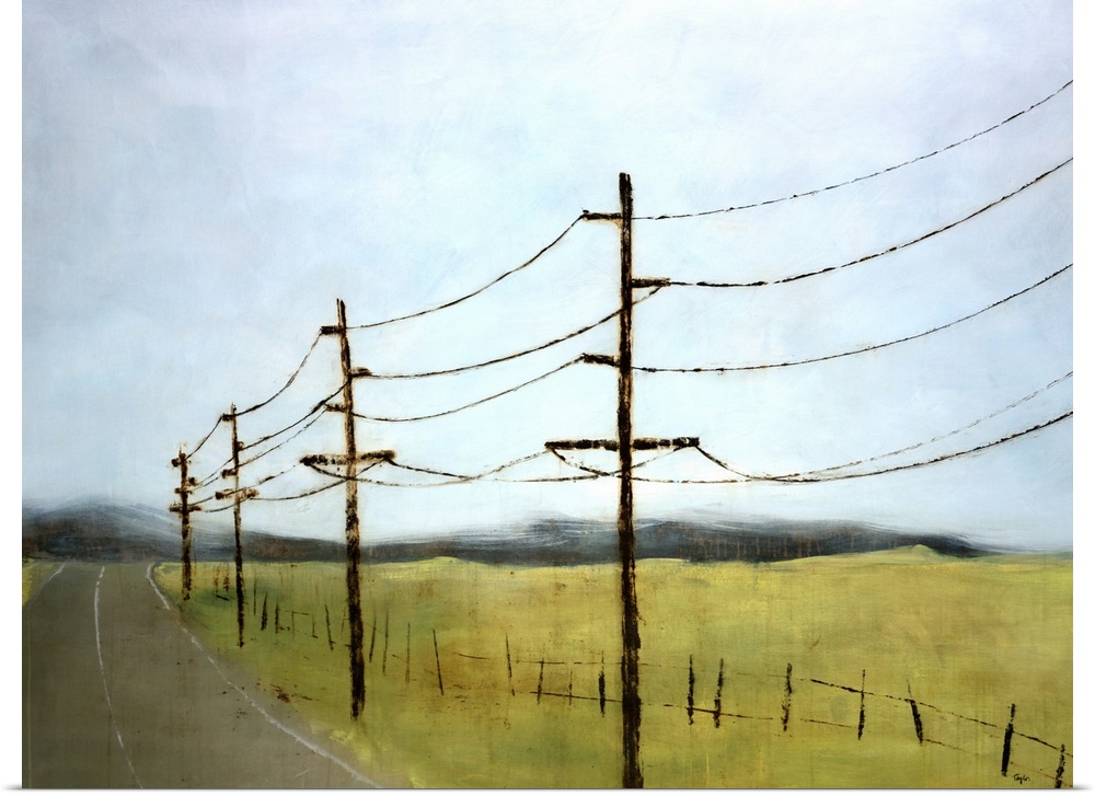 Landscape painting of electrical poles and lines in an empty field, alongside a paved road that leads to a dark mountain r...
