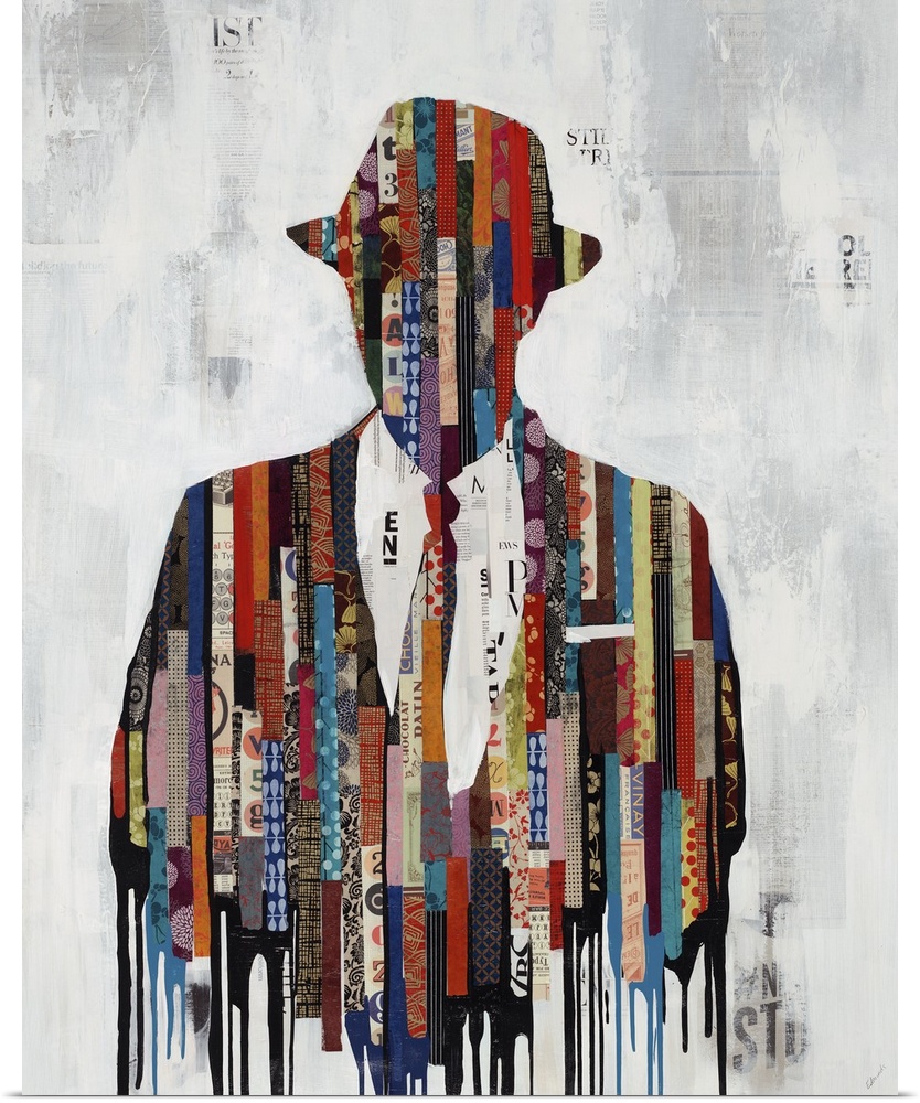 Contemporary art of a bust of a man in a jacket, tie and hat, his figure a collaged collection of vertical strips of paper...