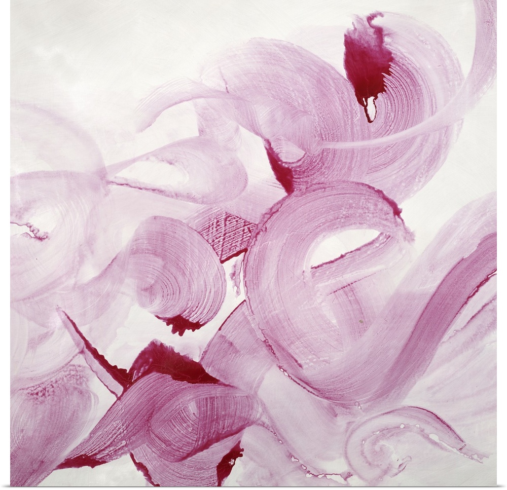 Square abstract painting of bold, large brush strokes of pink, in curved shapes.
