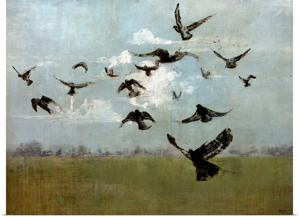 Contemporary painting of bird silhouettes flying in cloudy sky.