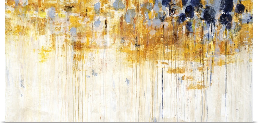 A large horizontal contemporary painting of vibrant yellow and brown colors dripping vertically.