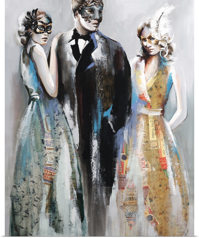 Contemporary artwork created with mixed media of three people in masquerade masks dressed up for a ball.