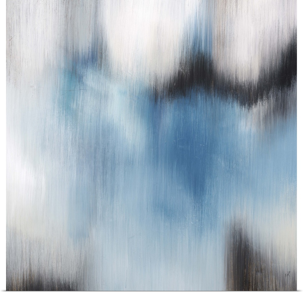Contemporary abstract painting using blue and gray tones in a vertically blurred motion.