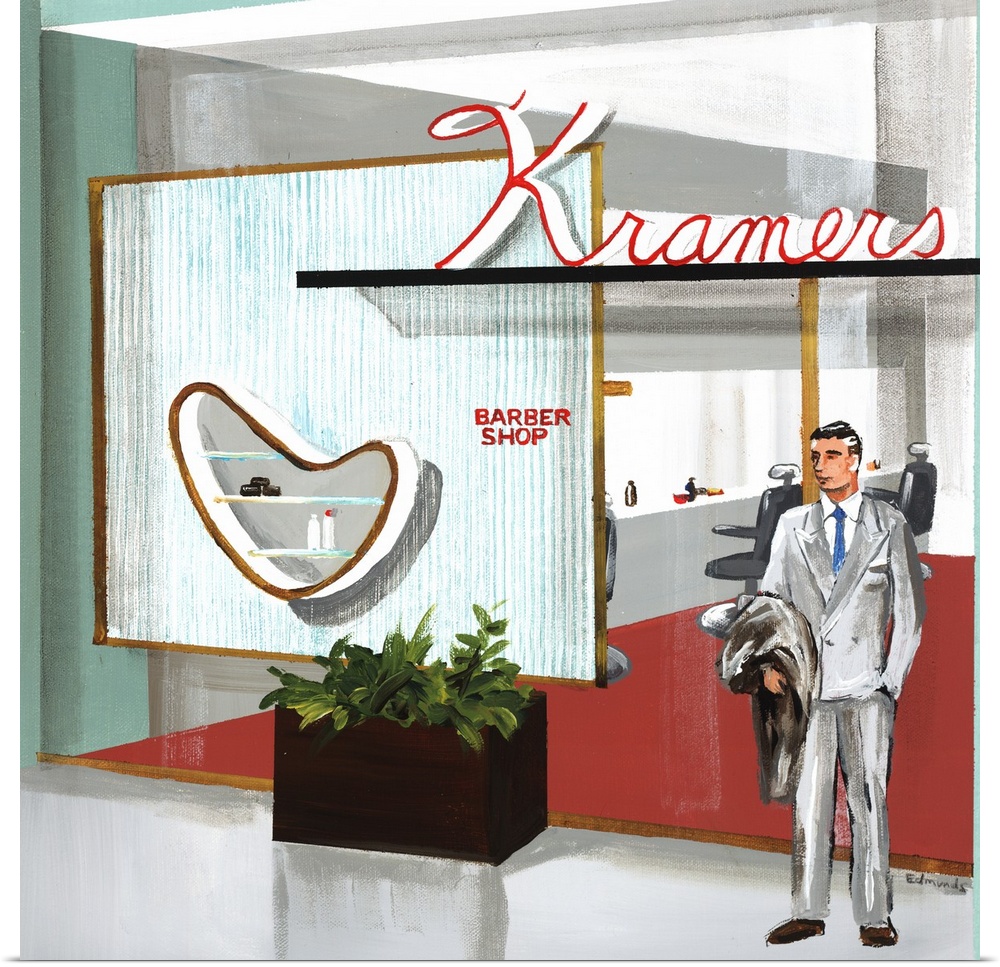 Contemporary square painting of a man in a gray suit standing outside of a barber shop called "Kramers"