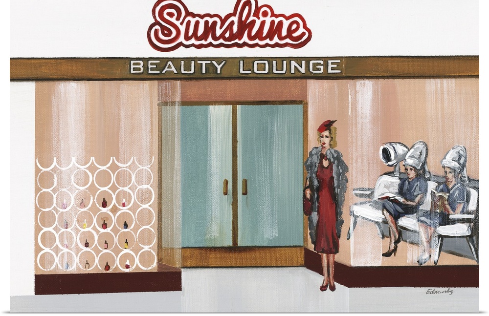 Contemporary painting of a woman in a red dress standing outside of a beauty lounge with two woman inside sitting under ha...