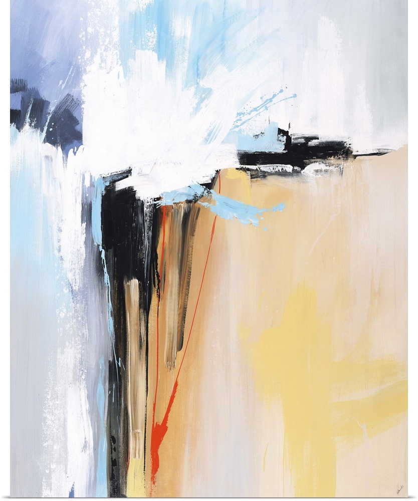 Contemporary abstract painting using dark bold lines against multi-colored background.