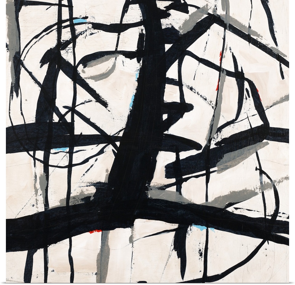 Contemporary abstract painting using bold black lines against a neutral toned background.