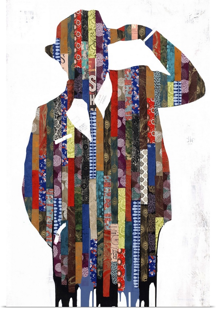 Contemporary painting of a man in a suit made of collage elements.