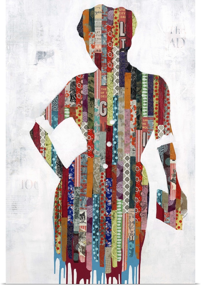 Contemporary painting of a woman in a dress with a clutch made of collage elements.