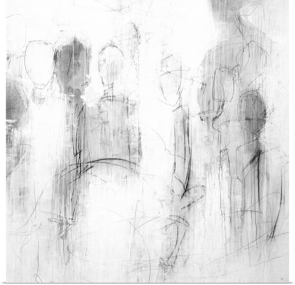 An abstract painting of shapes of people in black lines and gray brush strokes.