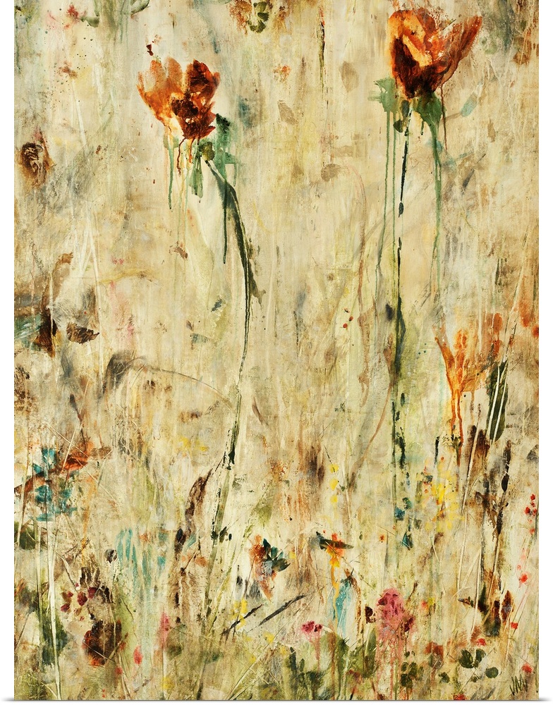 Contemporary abstract painting of colorful flowers with grungy and dirty background.
